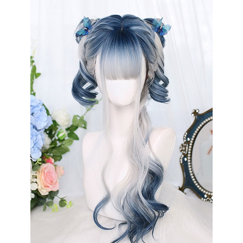 Lolita Wigs Blue Long Heat-resistant Fiber Highlighting Hair Lolita Accessories Harajuku Fashion Daily Casual Tea Party