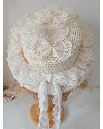 Lolita Hat Ruffles Lace Accessory Ecru White Lolita Accessories Sweet ROCOCO Daily Casual Tea Party