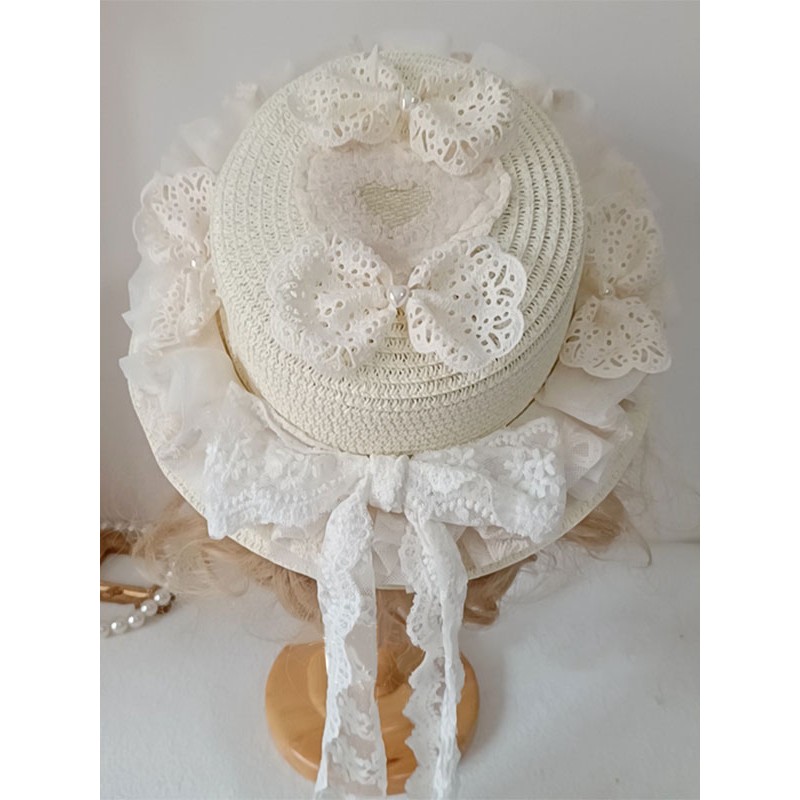 Lolita Hat Ruffles Lace Accessory Ecru White Lolita Accessories Sweet ROCOCO Daily Casual Tea Party