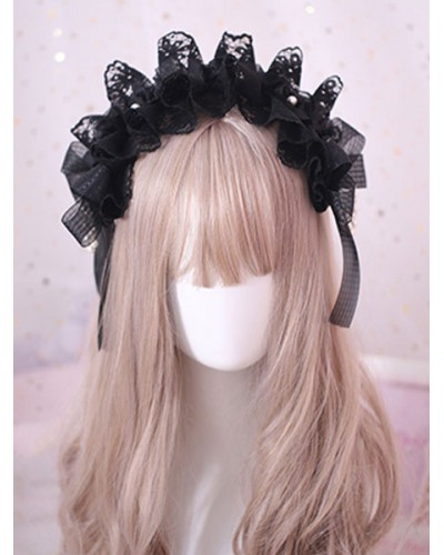 Gothic Lolita Hair Accessory Ruffle Bow Pearl Lace Black Lolita Headdress