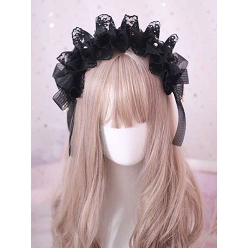 Gothic Lolita Hair Accessory Ruffle Bow Pearl Lace Black Lolita Headdress