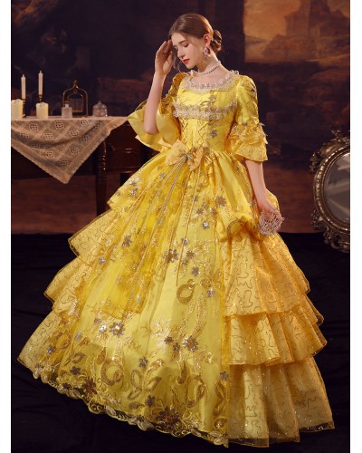 Women Gold Costumes Polyester Dress Marie Antoinette Costume 's Masquerade Ball Gown Royal Retro Gothic Euro-Style