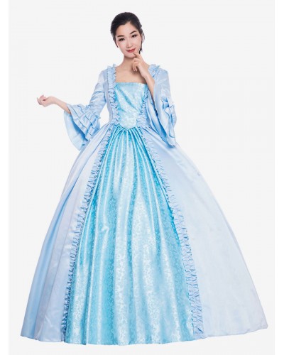 Women Victorian Dress Costume 's Baby Blue Bows Trumpet Short Sleeves Round Neckline Ball Gown Victorian Era Style Vintage Clothing Halloween Sets Victorian Era