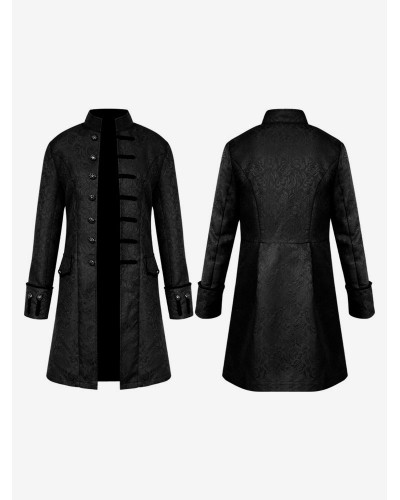 Men Black Midi Coat Vintage Top Floral Print Long Sleeves Polyester Fiber Overcoat Costumes For Man Tops Retro Punk Euro-Style