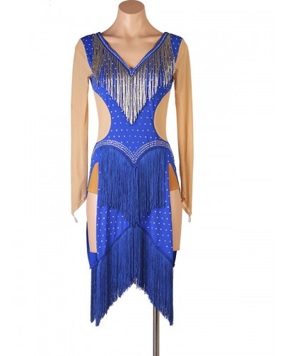 Latin Dance Costume Blue Women's Polyester Dress Fringe Rhinestones Latin Dancer Dancing Costume Sexy Ball