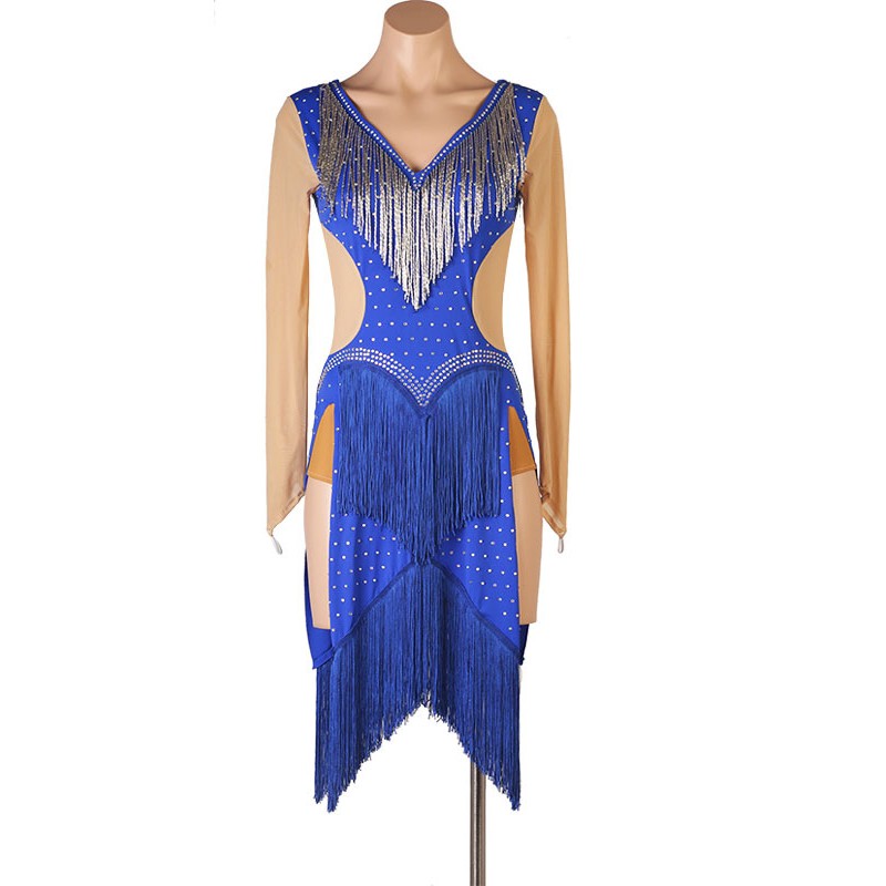 Latin Dance Costume Blue Women's Polyester Dress Fringe Rhinestones Latin Dancer Dancing Costume Sexy Ball