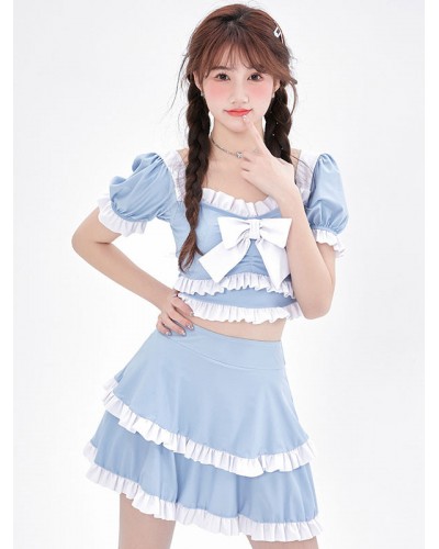 Lolita Outfits Light Sky Blue Bows Ruffles Short Sleeves Top Pants Sets Sweet Daily Casual