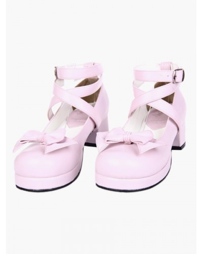 Sweet Square Heels Shoes Ankle Straps Bow Buckle