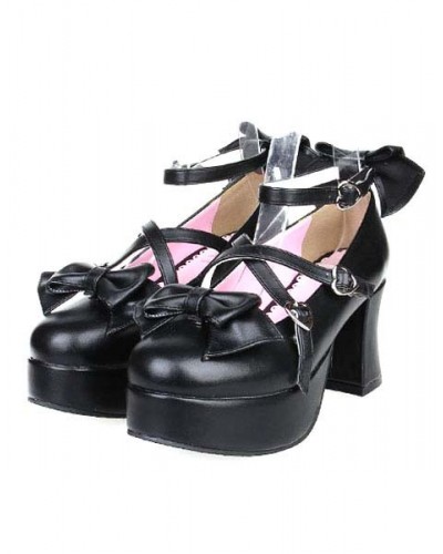 Matte Black Lolita Heels Shoes Platform Shoes Ankle Strap Buckles Bows Daily Casual