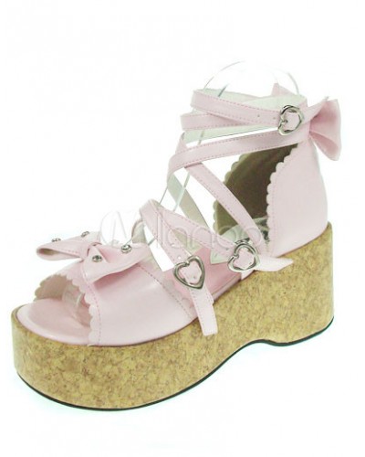 Pink 2 3/4'' Heel Stud Platform Bow Lolita Sandals