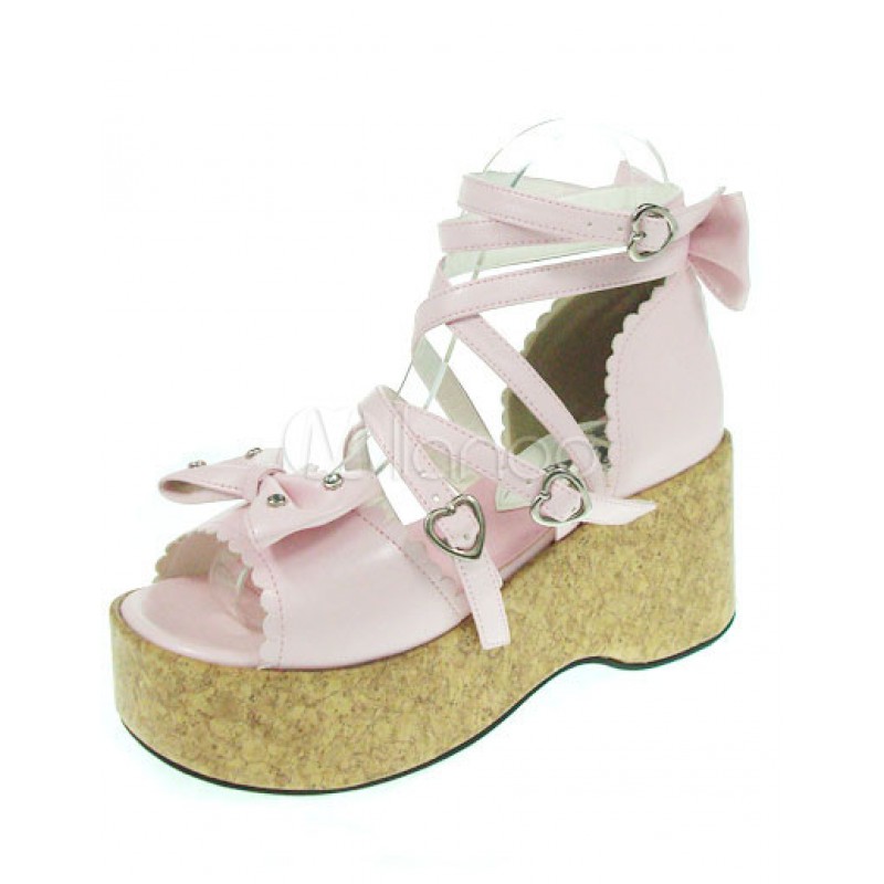 Pink 2 3/4'' Heel Stud Platform Bow Lolita Sandals