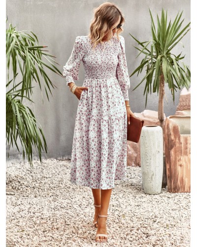 Women Floral Print Casual Jewel Neck Long Sleeves Midi Dress Sweet Spring Fall