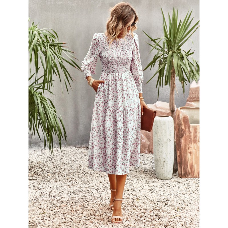 Women Floral Print Casual Jewel Neck Long Sleeves Midi Dress Sweet Spring Fall