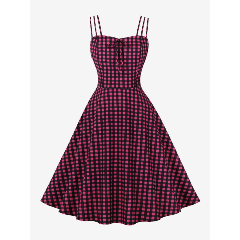 Women Retro Dress 1950s Audrey Hepburn Style Sweetheart Neck Bows Sleeveless Plaid Knee Length Rose Swing Dress Bodycon Classic  Traditional Chic  Modern Casual Spring Summer Fall