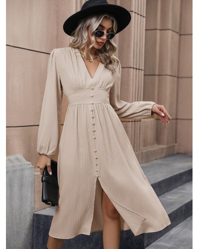 Women Midi Dresses V-Neck Lantern Sleeves Buttons Daily Casual Dress Bodycon Spring Fall