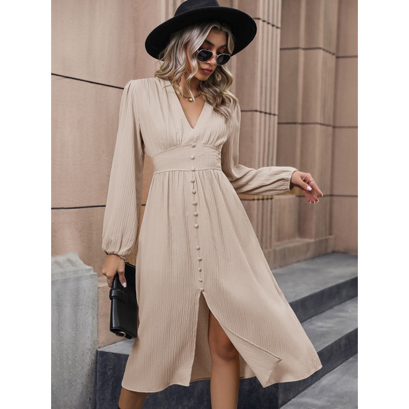 Women Midi Dresses V-Neck Lantern Sleeves Buttons Daily Casual Dress Bodycon Spring Fall