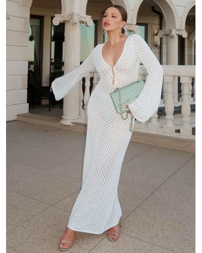 Women Long Dress Cut Out Long Sleeves V-Neck Cover-Ups Bodycon Spring Summer Fall