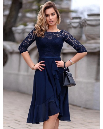 Dresses Black Bateau Neck Lace 3/4 Length Sleeves Layered Semi Formal Dress Bodycon Party Dating