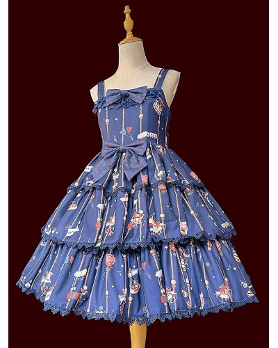 Sweet Lolita JSK Dress Polyester Sleeveless Bowknot Navy Blue Lolita Jumper Skirt Fall