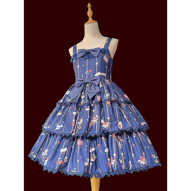 Sweet Lolita JSK Dress Polyester Sleeveless Bowknot Navy Blue Lolita Jumper Skirt Fall