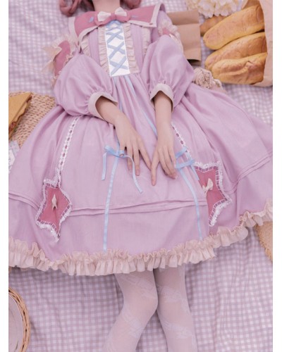 Sweet Lolita Dress Polyester Long Sleeves Lace Up Bows Dress