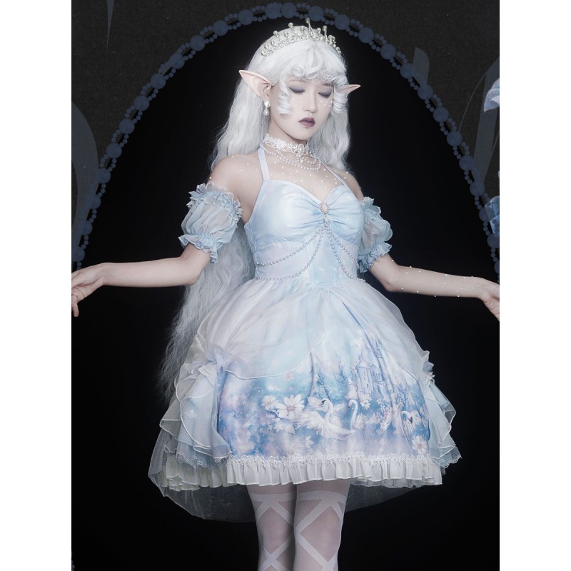 Lolita Dresses Tea Party Style Lolita Skirt Bows Sleeveless Polyester Classic Animal Print Light Sky Blue