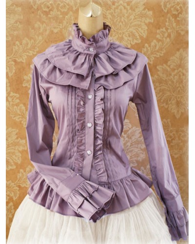 Sweet Cotton Lolita Blouse Long Sleeves Ruffles Stand Collar Lovely Daily Casual