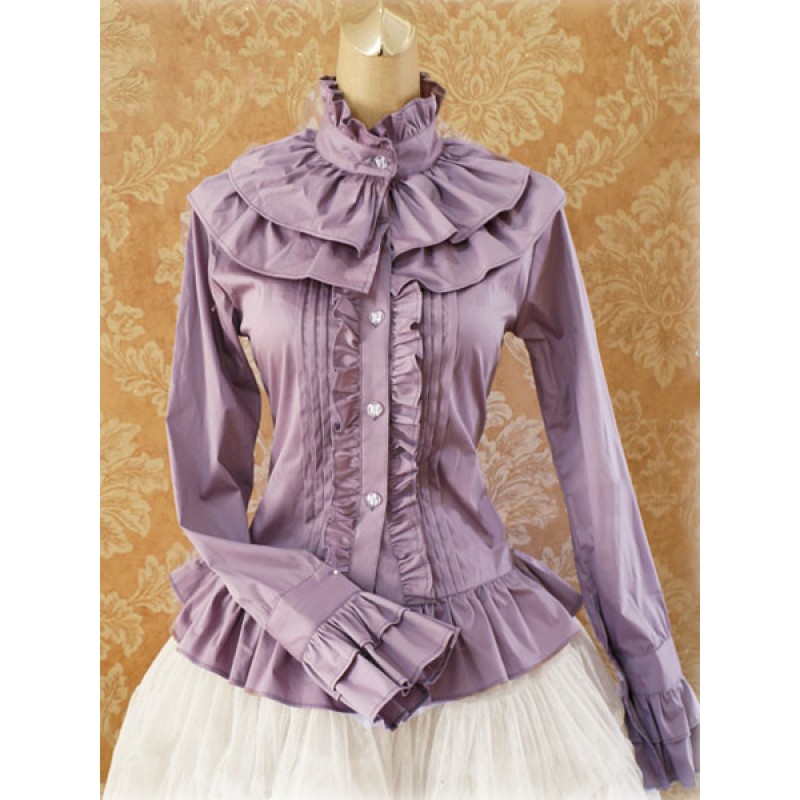 Sweet Cotton Lolita Blouse Long Sleeves Ruffles Stand Collar Lovely Daily Casual