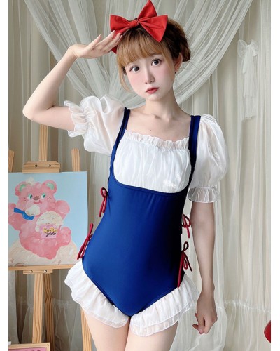 Lolita Swimsuit Blue Ruffles Bows Short Sleeves Jumpsuit Sets Sweet Daily Casual