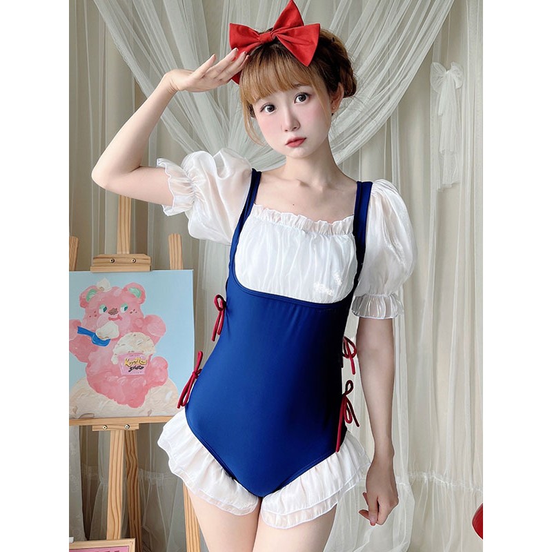 Lolita Swimsuit Blue Ruffles Bows Short Sleeves Jumpsuit Sets Sweet Daily Casual