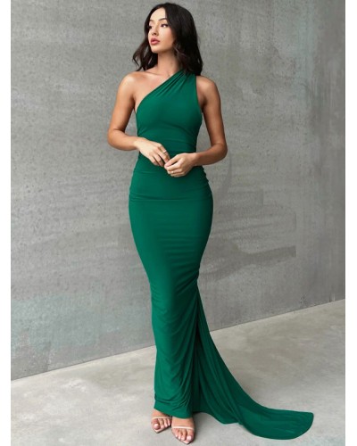 Women Party Dresses Green Asymmetrical Neck Pleated Sleeveless Semi Formal Dress Maxi Summer