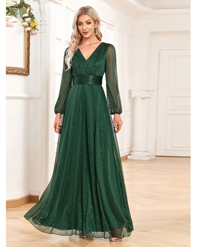 Women Party Dresses Dark Green V-Neck Long Sleeves Sheer Semi Formal Dress Maxi Fall