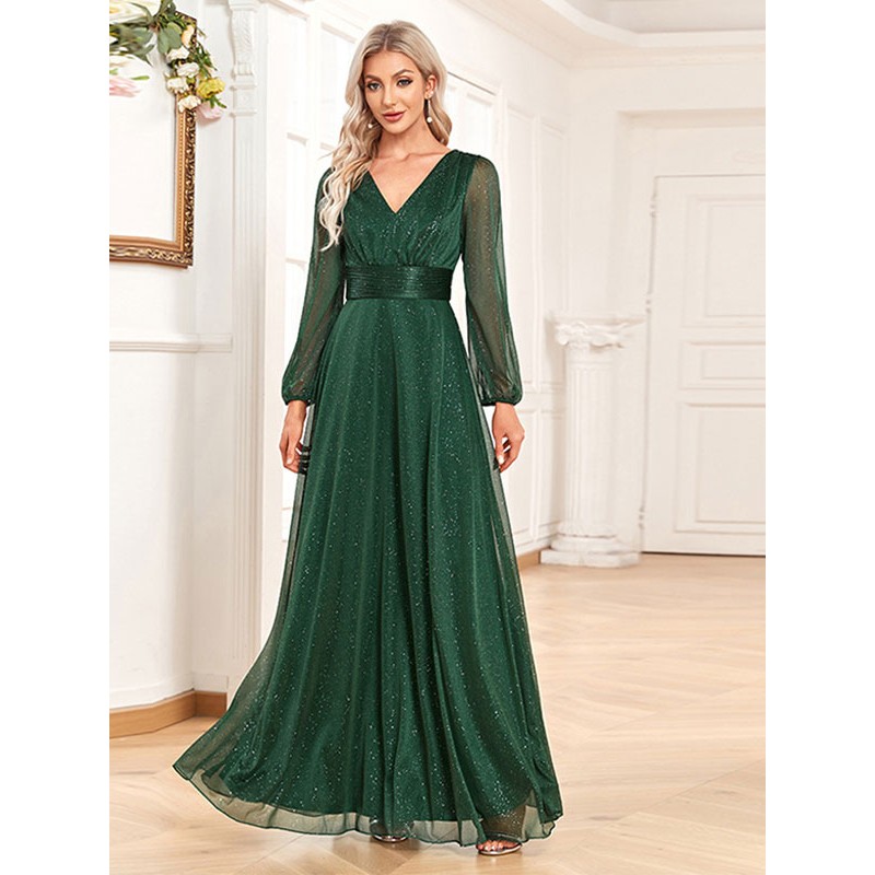 Women Party Dresses Dark Green V-Neck Long Sleeves Sheer Semi Formal Dress Maxi Fall