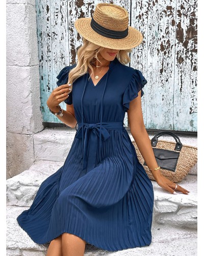 Midi Dress Navy Blue Crewneck Pleated Beach Dress Summer Street Wear Daily Casual