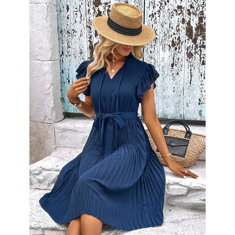 Midi Dress Navy Blue Crewneck Pleated Beach Dress Summer Street Wear Daily Casual