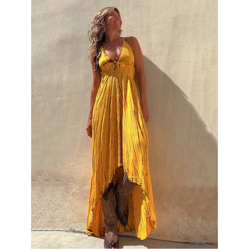 Boho Dress V-Neck Sleeveless Tie Dye High Low Design Beach Dress Maxi Bohemian Spring Summer