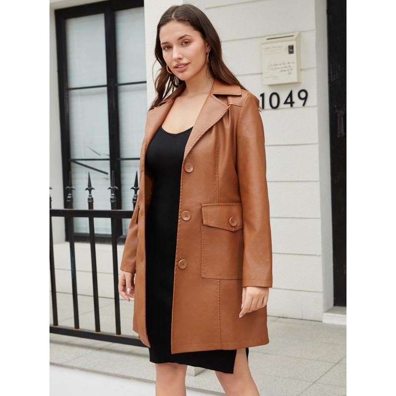 Women S Turndown Collar Buttons Pockets Outerwear Leather Jacket Fall Winter Street Wear Daily Casual