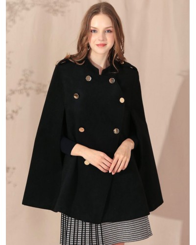 Women Black Poncho Coat Double Breasted Cape Spring Outerwear Classic  Traditional Casual Street Wear Indoor Field