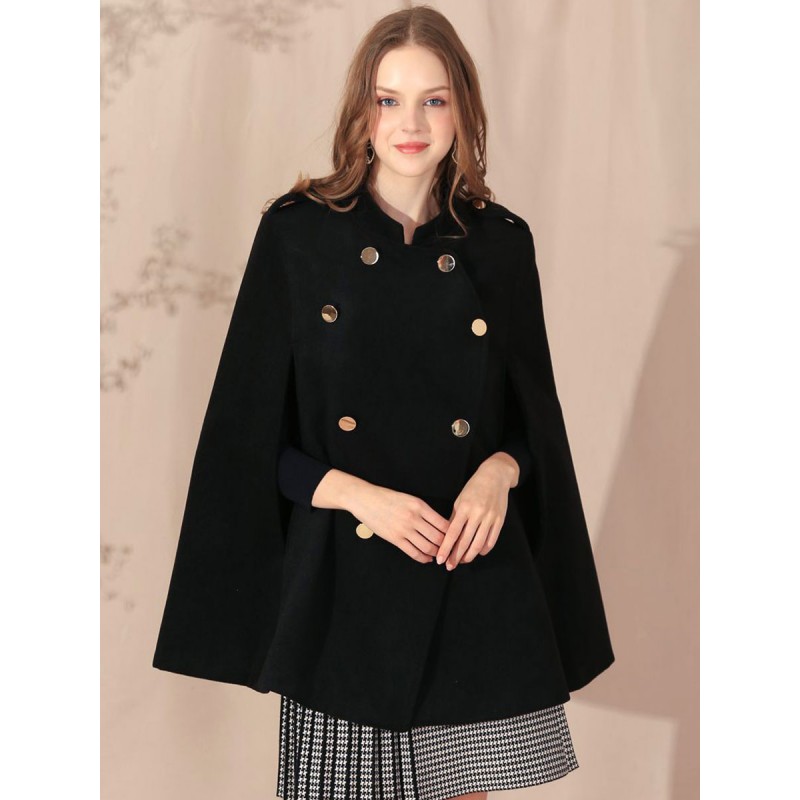 Women Black Poncho Coat Double Breasted Cape Spring Outerwear Classic  Traditional Casual Street Wear Indoor Field