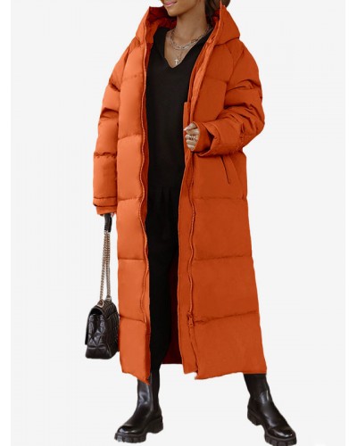 Long Puffer Coats Orange Hooded Winter Outerwear For Women Casual