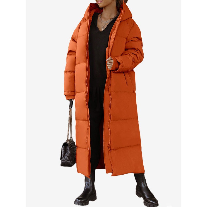 Long Puffer Coats Orange Hooded Winter Outerwear For Women Casual