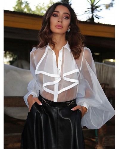 Women Blouse White Sheer Turndown Collar Long Sleeves Tops Sexy Spring Summer Fall