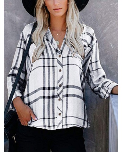 Women Blouse White Turndown Collar Plaid Long Sleeves Tops Casual Spring Summer Fall