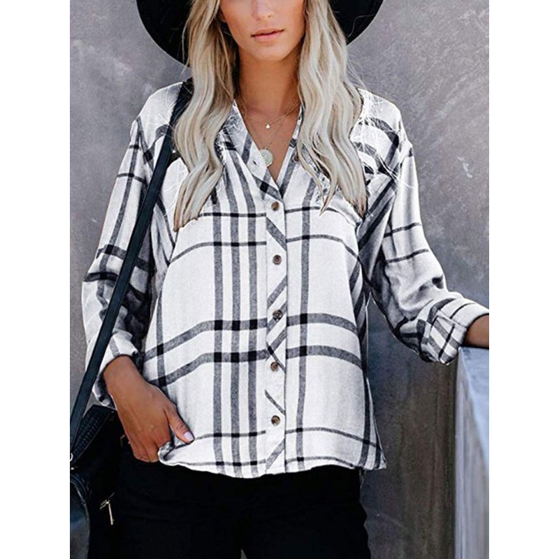 Women Blouse White Turndown Collar Plaid Long Sleeves Tops Casual Spring Summer Fall