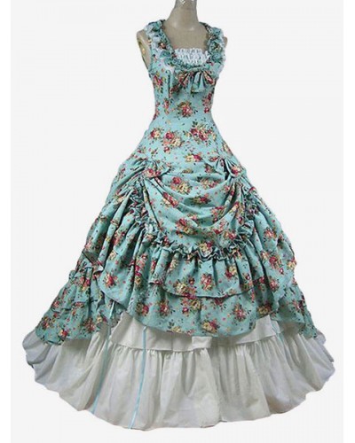 Women Retro Costumes Ruffle Marie Antoinette Costume Floral Print Dress Rococo Masquerade Ball Gown Sets Vintage Baroque