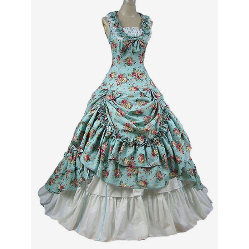 Women Retro Costumes Ruffle Marie Antoinette Costume Floral Print Dress Rococo Masquerade Ball Gown Sets Vintage Baroque