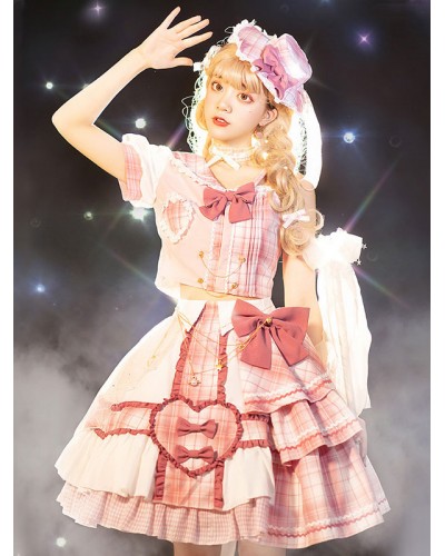 Idol clothes Lolita OP Dress 4-Piece Set Sleeveless Plaid Pattern Bows Metal Details Polyester Pink Lolita One Piece Outfit Tea Party