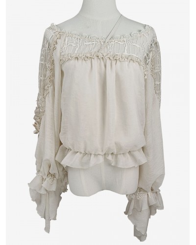 Lolita Blouses Ecru White Lolita Top Long Sleeves Embroidered Lace Up Lolita Shirt Sweet Spring Summer Fall Winter