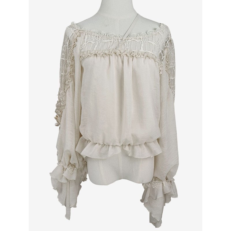 Lolita Blouses Ecru White Lolita Top Long Sleeves Embroidered Lace Up Lolita Shirt Sweet Spring Summer Fall Winter