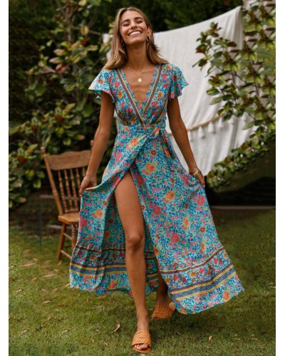 Bohemian Dresses Light Sky Blue Split V-Neck Short Sleeves Floral Print Boho Long Dress Maxi Beach